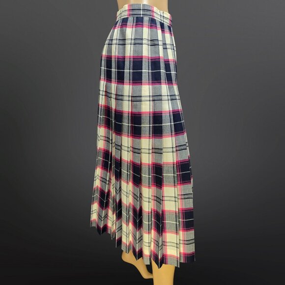 Vintage 80s Long Wool Pleated Plaid Tartan Skirt Size S Blue Pink White - Picture 5 of 9